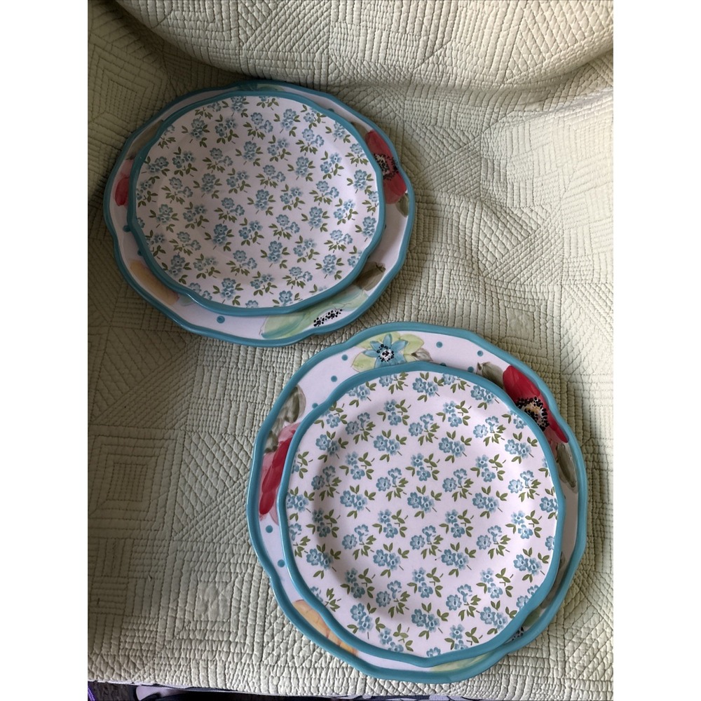 The Pioneer Woman Turquoise Floral Vintage Bloom Set 4, 2-dinner 2-salad Plates
